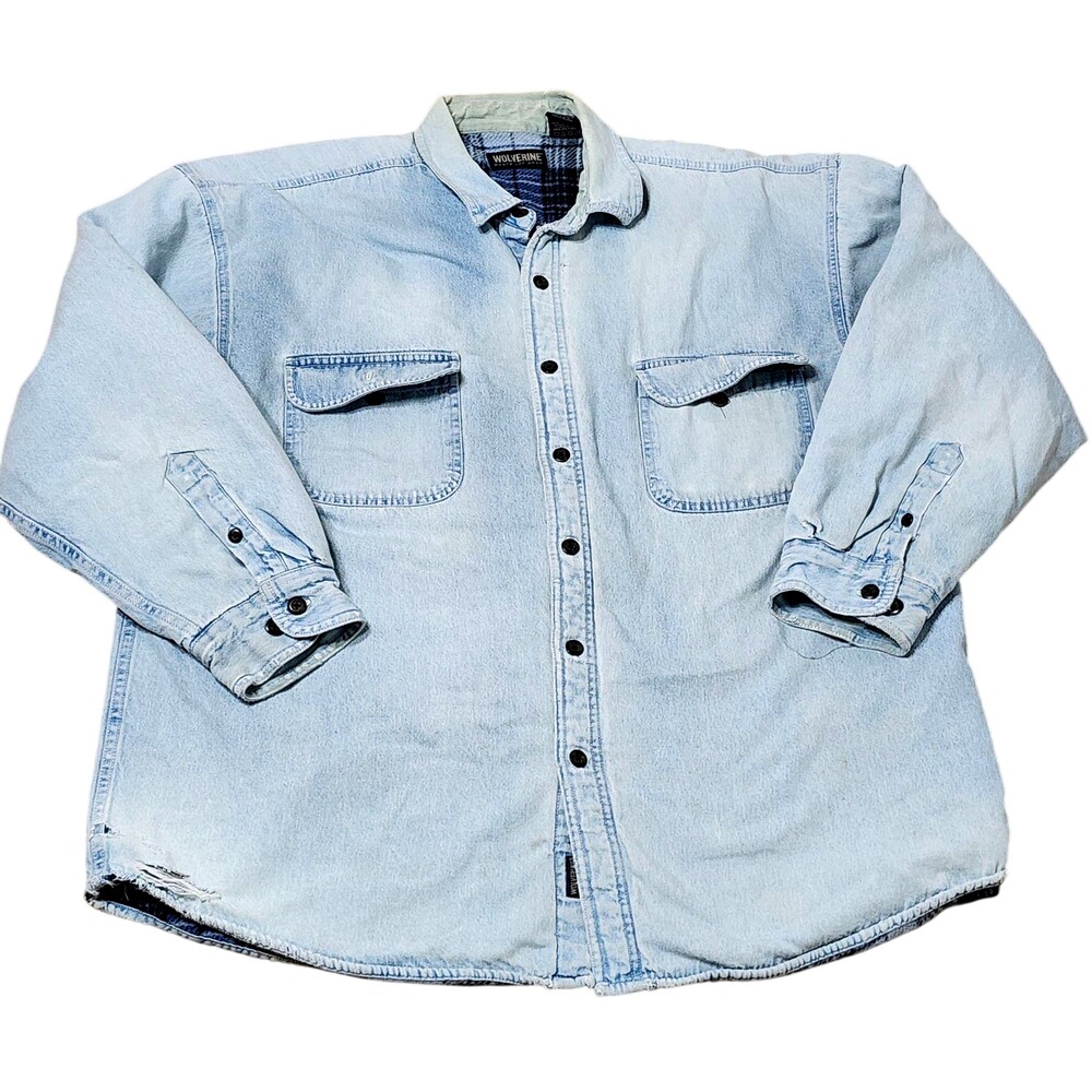 Wolverine Jacket Mens XL Blue Denim Plaid Fleece Lined Western Workwear